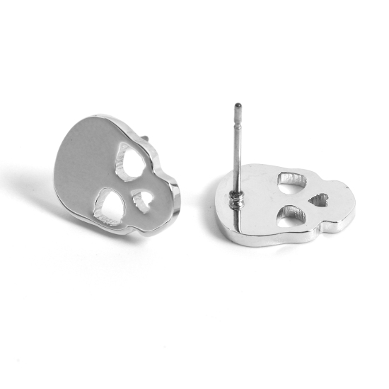 Imagen de Titanio Acero Pendientes Tono de Plata Cráneo 13mm x 10mm, Post/ Wire Size: (21 gauge), 1 Par