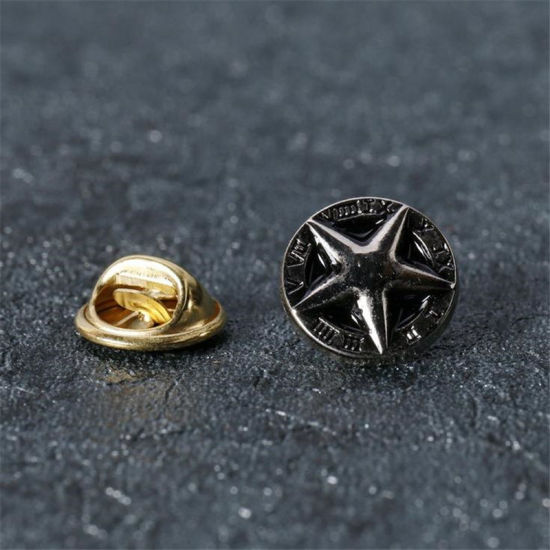 Imagen de 2 Unidades Elegante Pin Broches Ronda Estrellas de cinco puntos Tono de Plata Negro Esmalte 13mm Dia.
