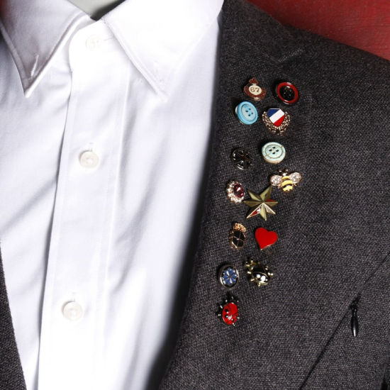 Imagen de 2 Unidades Elegante Pin Broches Ronda Estrellas de cinco puntos Tono de Plata Negro Esmalte 13mm Dia.