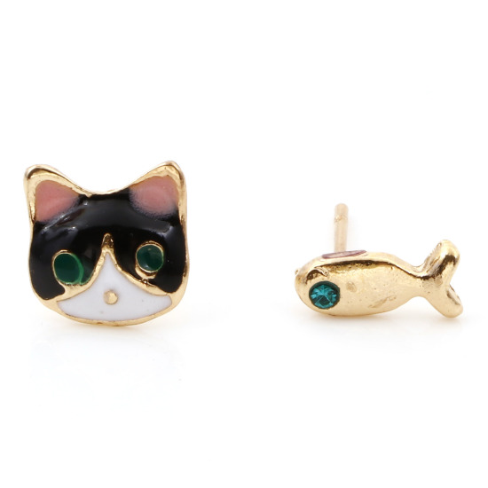 Picture of Ear Post Stud Earrings Gold Plated Black Cat Animal Fish Blue Rhinestone Enamel 1 Pair