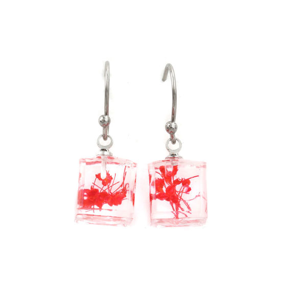 Picture of Resin Earrings Silver Tone Red Cube Dried Flower 25mm x 9mm, 1 Pair