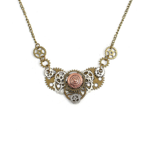 Image de 1 Pièce Collier à Pendentif Steampunk Bronze Antique Roue Dentée 70cm long