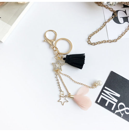 Picture of Stylish Keychain & Keyring Silver Tone Black Tassel Flower Imitation Pearl 1 Piece