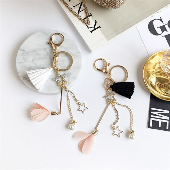 Picture of Stylish Keychain & Keyring Silver Tone Black Tassel Flower Imitation Pearl 1 Piece