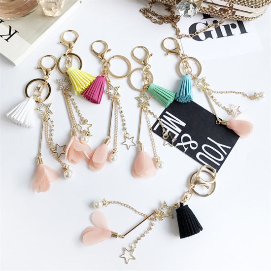 Picture of Stylish Keychain & Keyring Silver Tone Black Tassel Flower Imitation Pearl 1 Piece