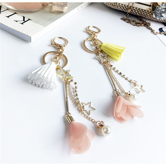 Picture of Stylish Keychain & Keyring Silver Tone Black Tassel Flower Imitation Pearl 1 Piece