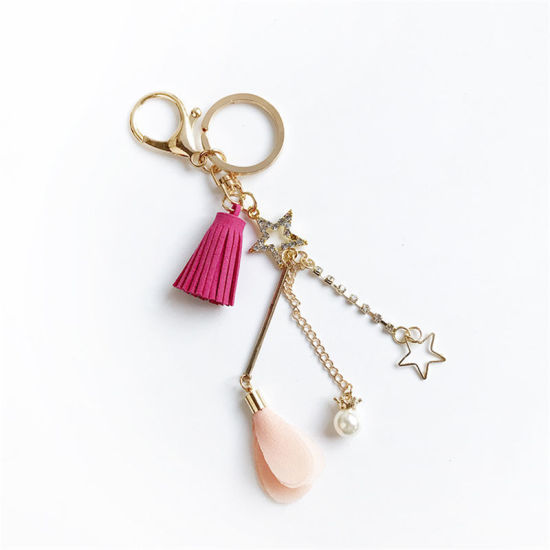 Picture of Stylish Keychain & Keyring Silver Tone Black Tassel Flower Imitation Pearl 1 Piece