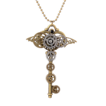 Steampunk Sweater Necklace Long Antique Bronze Antique Silver Color Key Gear 72cm(28 3/8") long, 1 Piece