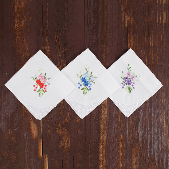 Bild von Cotton Embroidery Handkerchief  Square Flower Mixed Color 27.5cm x 27.5cm, 3 PCs