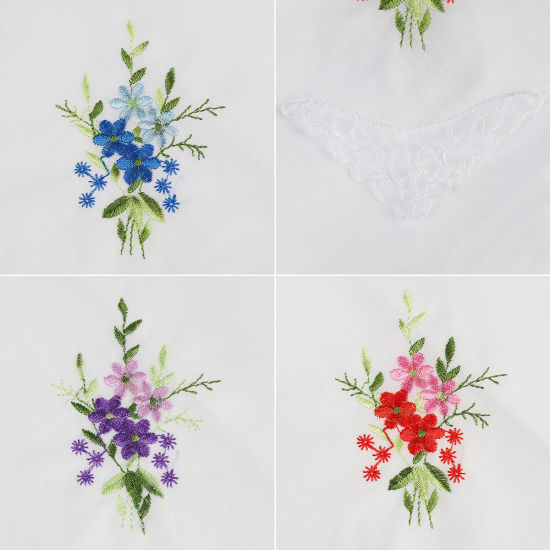 Изображение Cotton Embroidery Handkerchief  Square Flower Mixed Color 27.5cm x 27.5cm, 3 PCs