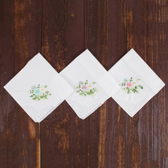 Image de Cotton Embroidery Handkerchief  Square Flower Mixed Color 27.5cm x 27.5cm, 3 PCs