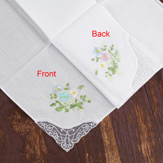 Изображение Cotton Embroidery Handkerchief  Square Flower Mixed Color 27.5cm x 27.5cm, 3 PCs