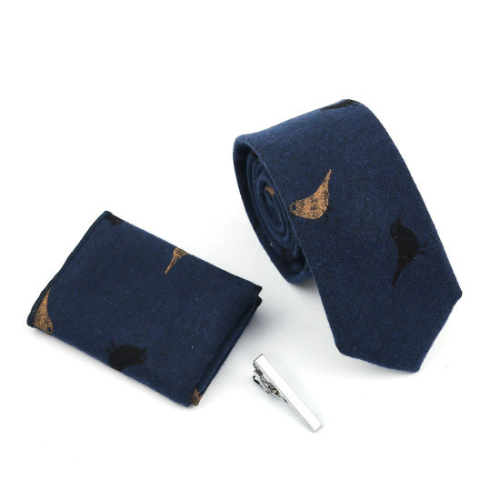 Изображение Cotton Pocket Square Handkerchief & Necktie & Tie Clip Set Bird Animal Dark Blue 1 Set