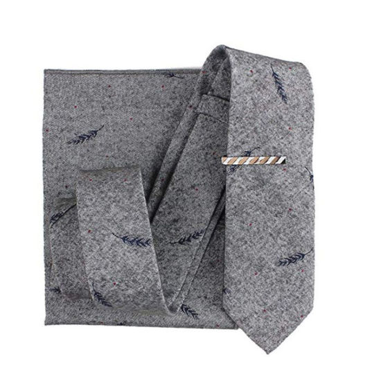 Изображение Cotton Pocket Square Handkerchief & Necktie & Tie Clip Set Leaf Gray 1 Set