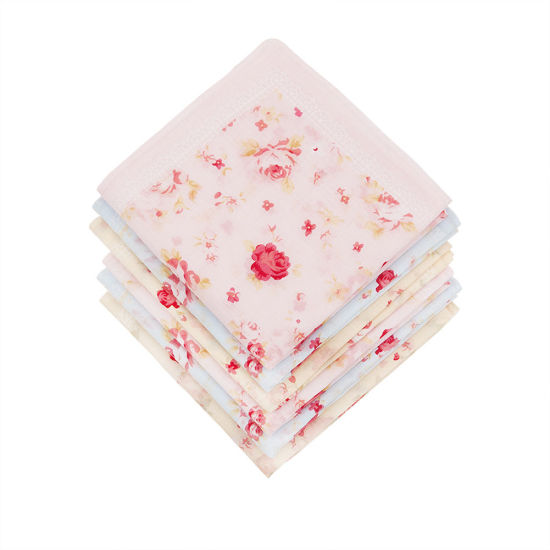 Picture of Cotton Handkerchief  Square Flower Mixed Color 45cm x 45cm, 6 PCs