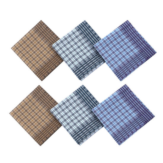綿 メンズ ハンカチ 正方形 格子柄 混合色 43cm x 43cm、 6 本 の画像