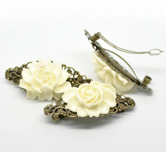 Picture of French Barrette Hair Clips Antique Bronze Pattern Hollow White Resin Flower 7.9cm x 3.7cm(3 1/8"x1 1/2"), 2 PCs