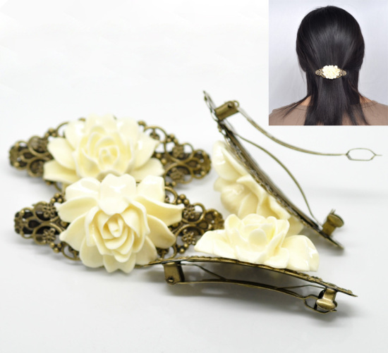 Picture of French Barrette Hair Clips Antique Bronze Pattern Hollow White Resin Flower 7.9cm x 3.7cm(3 1/8"x1 1/2"), 2 PCs