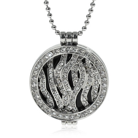 Amazing Coin Locket Necklace Silver Tone Round Stripe Hollow Black Enamel Clear Rhinestone 74cm(29 1/8") long, 1 Piece