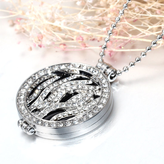 Imagen de Collares Aleación Moneda Colgante Ronda Raya Hueco Negro Rsmalte Tono de Plata Transparente Rhinestone 1 Unidad
