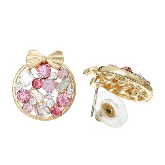 Picture of Ear Post Stud Earrings Round Gold Plated Bowknot Multicolor Rhinestone Hollow W/ Stoppers 20mm x15mm( 6/8" x 5/8"), Post/ Wire Size: (21 gauge), 1 Pair