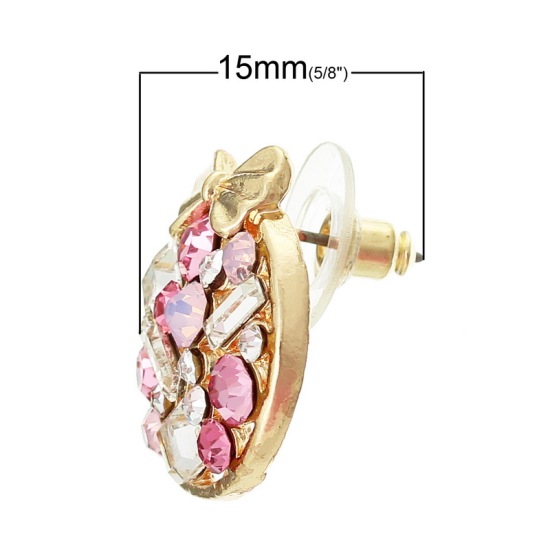 Picture of Ear Post Stud Earrings Round Gold Plated Bowknot Multicolor Rhinestone Hollow W/ Stoppers 20mm x15mm( 6/8" x 5/8"), Post/ Wire Size: (21 gauge), 1 Pair