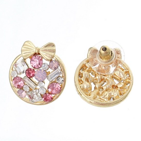 Picture of Ear Post Stud Earrings Round Gold Plated Bowknot Multicolor Rhinestone Hollow W/ Stoppers 20mm x15mm( 6/8" x 5/8"), Post/ Wire Size: (21 gauge), 1 Pair