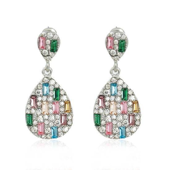 Picture of Earrings Teardrop Shape Silver Tone Multicolor Acrylic Faceted Embellishments Clear Rhinestone W/ Stoppers 3.6cm x1.6cm(1 3/8" x 5/8"), Post/ Wire Size: (21 gauge), 1 Pair