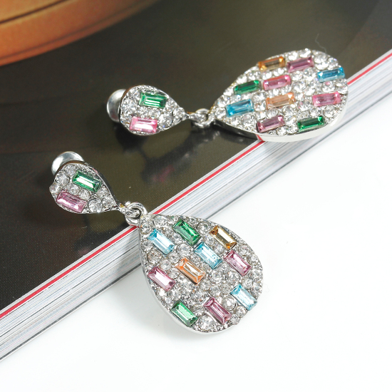 Picture of Earrings Teardrop Shape Silver Tone Multicolor Acrylic Faceted Embellishments Clear Rhinestone W/ Stoppers 3.6cm x1.6cm(1 3/8" x 5/8"), Post/ Wire Size: (21 gauge), 1 Pair