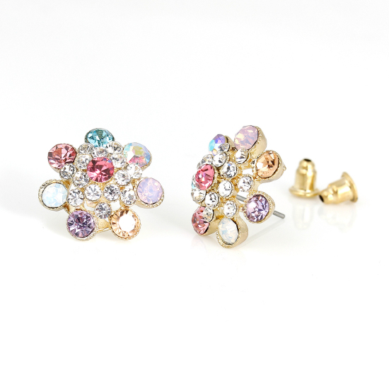 Picture of Ear Post Stud Earrings Flower Shape Gold Plated Multicolor AB Color Rhinestone W/ Stoppers 19mm x18mm( 6/8" x 6/8"), Post/ Wire Size: (21 gauge), 1 Pair