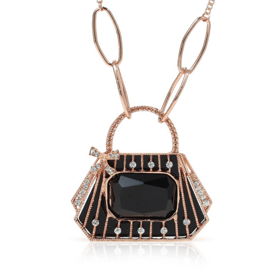 Picture of Jewelry Necklace Handbag Rose Gold Black Enamel Acrylic Black & Clear Rhinestone 93cm(36 5/8") long, 1 Piece