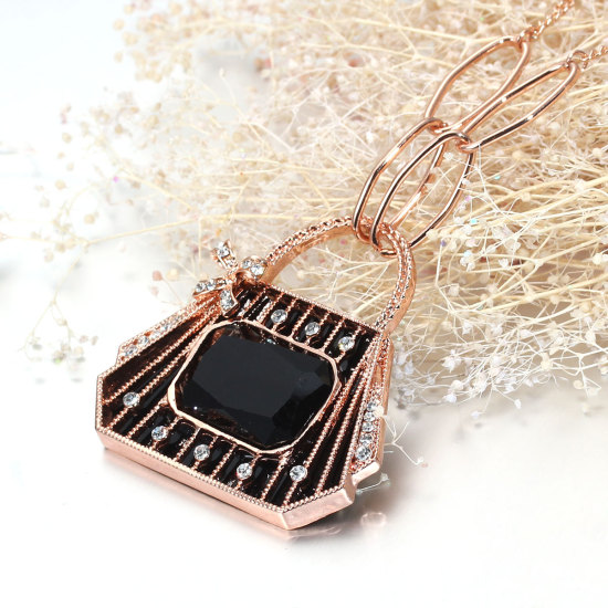 Picture of Jewelry Necklace Handbag Rose Gold Black Enamel Acrylic Black & Clear Rhinestone 93cm(36 5/8") long, 1 Piece