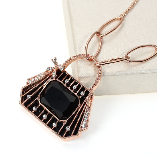 Picture of Jewelry Necklace Handbag Rose Gold Black Enamel Acrylic Black & Clear Rhinestone 93cm(36 5/8") long, 1 Piece