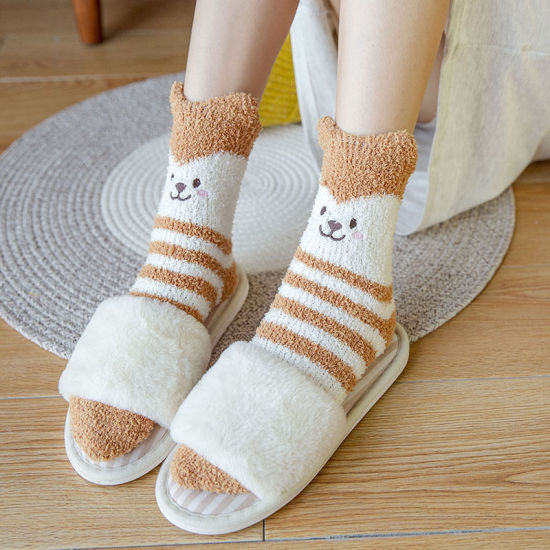 Picture of Light Blue - 35-40 Fluffy Elastic Thick Warm Soft Coral Fleece Women's Socks Cartoon Animal, 1 Pair