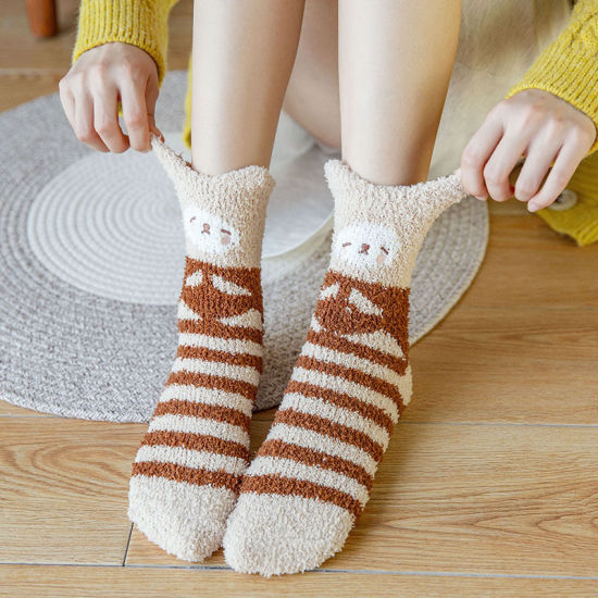 Picture of Light Blue - 35-40 Fluffy Elastic Thick Warm Soft Coral Fleece Women's Socks Cartoon Animal, 1 Pair