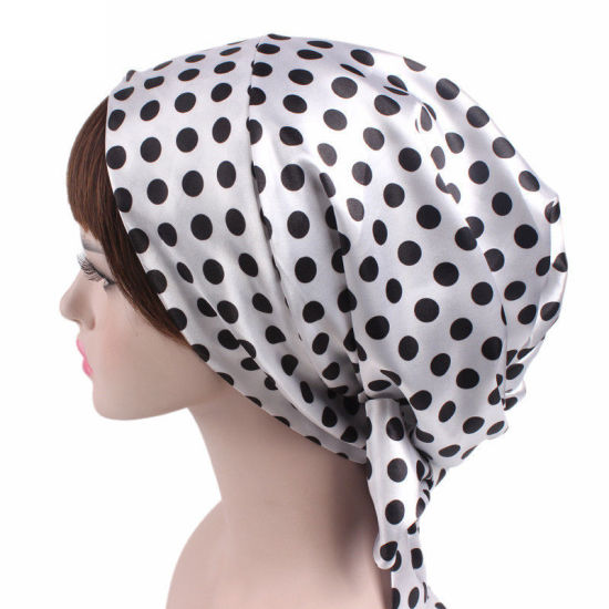 Picture of White - Satin Printed Flowers Women Turban Bonnet Hat With Ribbon, 1 Piece