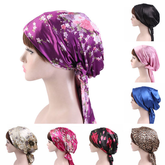 Picture of White - Satin Printed Flowers Women Turban Bonnet Hat With Ribbon, 1 Piece