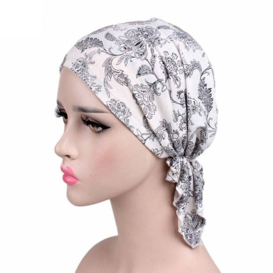 Picture of White - Cotton Soft Elastic Flower Print Woman Turban Hat, 1 Piece