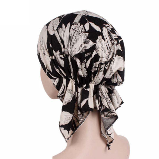 Picture of White - Cotton Soft Elastic Flower Print Woman Turban Hat, 1 Piece