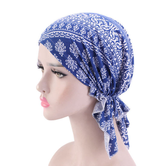 Picture of Royal Blue - Cotton Soft Elastic Flower Print Woman Turban Hat, 1 Piece