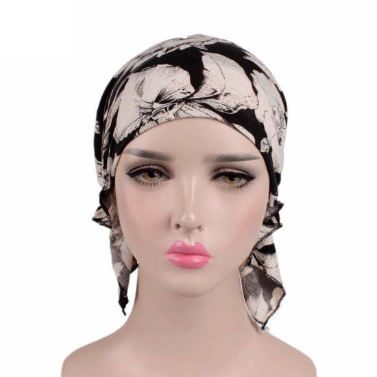 Picture of Wine Red - Cotton Soft Elastic Flower Print Woman Turban Hat, 1 Piece