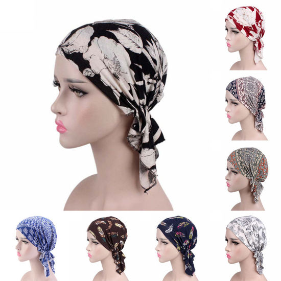 Picture of Wine Red - Cotton Soft Elastic Flower Print Woman Turban Hat, 1 Piece