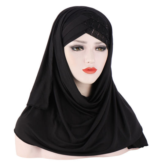 Picture of Black - Women Muslim Hijab Head Scarf Hat, 1 Piece