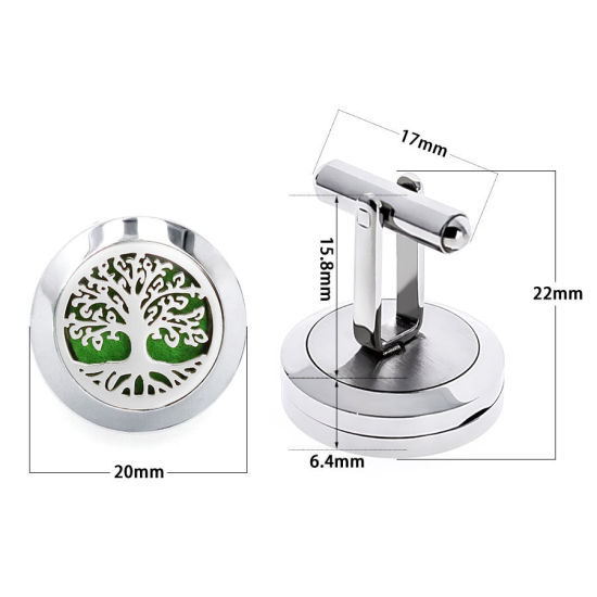 Изображение Silver Tone - 316L Stainless Steel Aromatherapy Essential Oil Diffuser Magnetic Locket Tree Of Life Cufflinks For Men Suit Shirt Cuff Links Accessories 2cm Dia., 1 Piece
