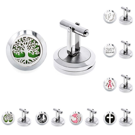 Изображение Silver Tone - 316L Stainless Steel Aromatherapy Essential Oil Diffuser Magnetic Locket Tree Of Life Cufflinks For Men Suit Shirt Cuff Links Accessories 2cm Dia., 1 Piece