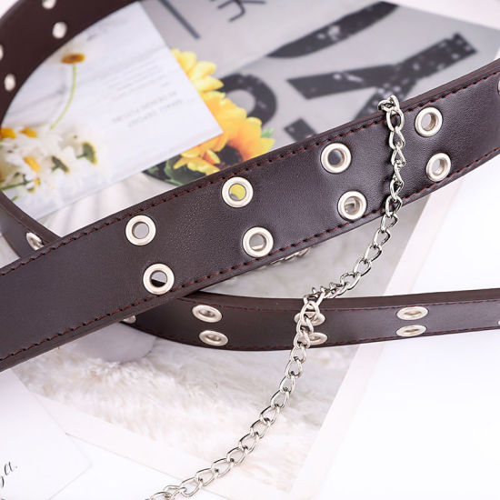 Picture of Skyblue - PU Leather Women Punk Adjustable Double Row Hole Eyelet Waistband Belt 110x3.3cm, 1 Piece