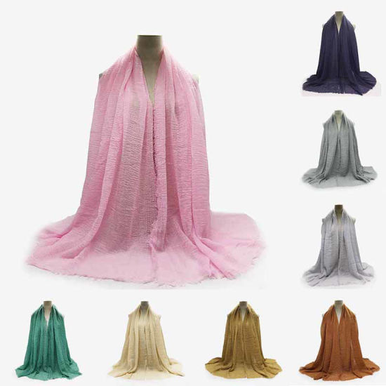Picture of Pink - Women's Solid Color Wrinkled Tassel Scarves & Wraps 180x95cm, 1 Piece