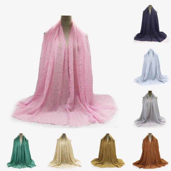 Picture of Gray - Women's Solid Color Wrinkled Tassel Scarves & Wraps 180x95cm, 1 Piece