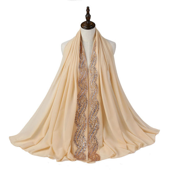 Picture of Beige - Chiffon Twist Shiny Lace Women's Hijab Scarf Solid Color 180x85cm, 1 Piece