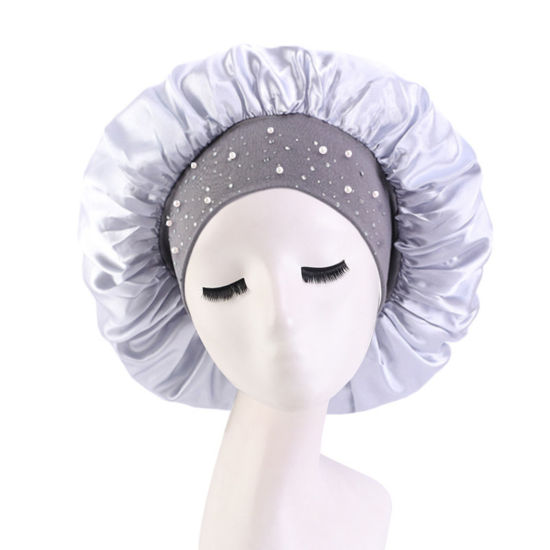 Image de Argent - Bonnet De Nuit Élastique En Satin Strass Bonnet De Beauté Pour Soins Des Cheveux M （56-58Cm）, 1 Pièce